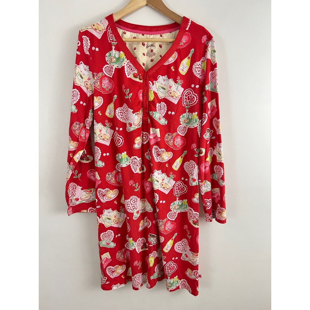 Nick & Nora Sleepshirt Women‎ XL Red Valentine Tea Party Hearts Champagne